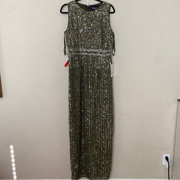 MAC DUGGAL 93603 SEQUINED‎ HIGH NECK SLEEVELESS COLUMN GOWN olive green sz 8 - Picture 4 of 14